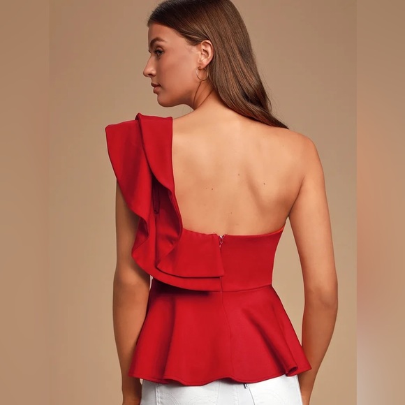 Lulus Red One Shoulder Ruffled Peplum Top - Picture 2 of 8